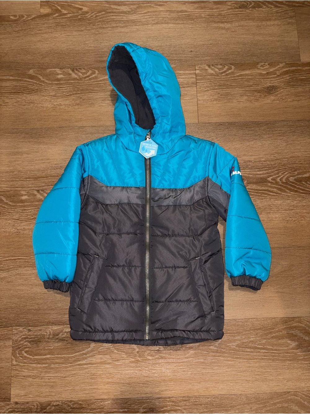 Swiss Alps Boys Puffer Jacket Size 5/6 Blue Gray Hooded Water Wind Resistant New